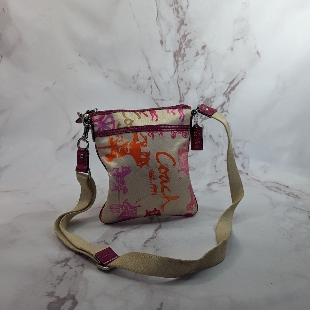 Coach Crossbody Bag Horse Carriage Logo Pink Orange Crayon Patent Y2K F43813 B2C - Picture 2 of 11